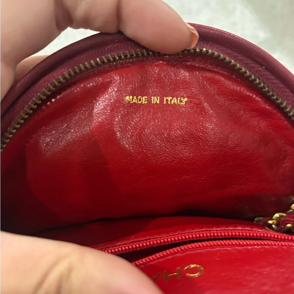 Authentic CHANEL RED LAMBSKIN tassel round mini vintage bag